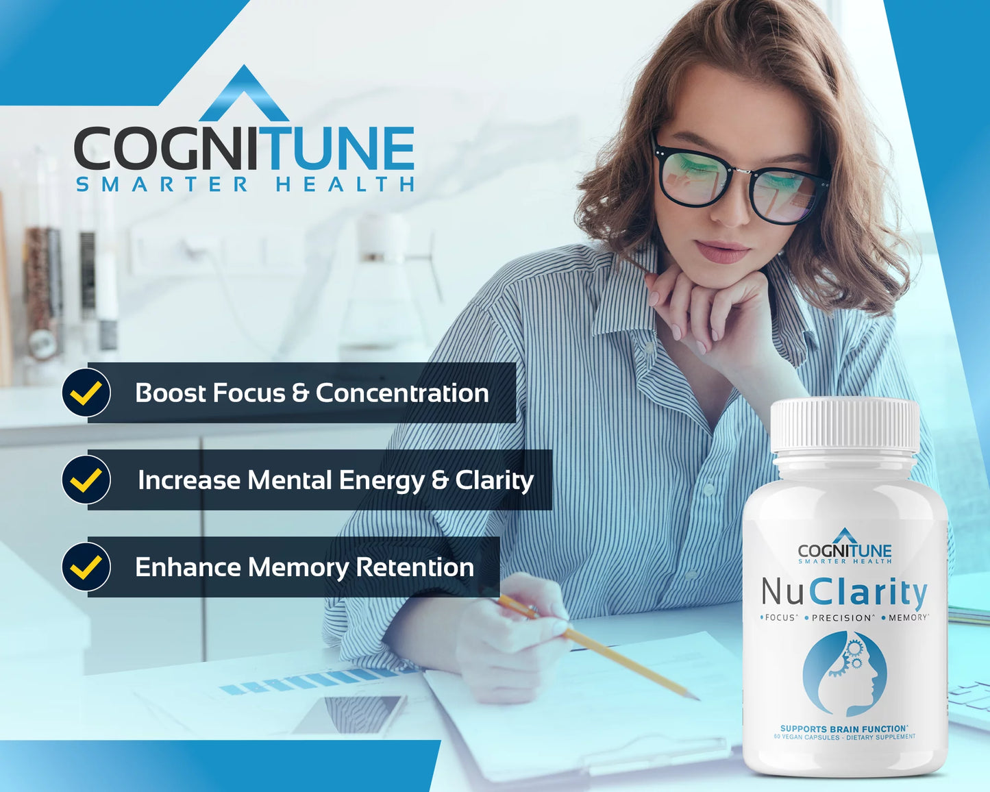 Nuclarity Nootropic Brain Supplements for Memory and Focus, Mental Clarity with Ginkgo Biloba, Phosphatidylserine, Alpha Gpc, Bacopa, Rhodiola, Huperzine A, Dietary Supplements - 60 Capsules