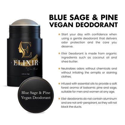 Elixir by Coco March Aluminum Free Vegan Deodorant -Blue Sage & Pine-Gentle Natural Ingredients W/Effective Odor Protection, Essential Oil Scent, Made W/Organic Coconut Oil & Shea Butter-2.98 Oz