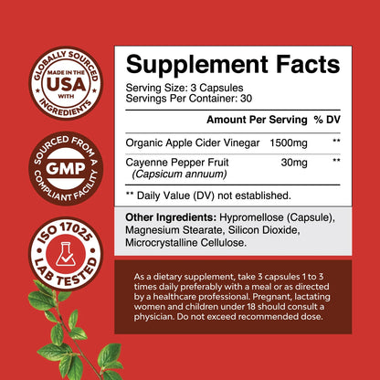 Apple Cider Vinegar Weight Loss Supplement Natural Detox Fat Burner Diet Pills Digestion Support Fast Acting Metabolism Booster Best Appetite Suppressant for Men and Women 90 Capsules