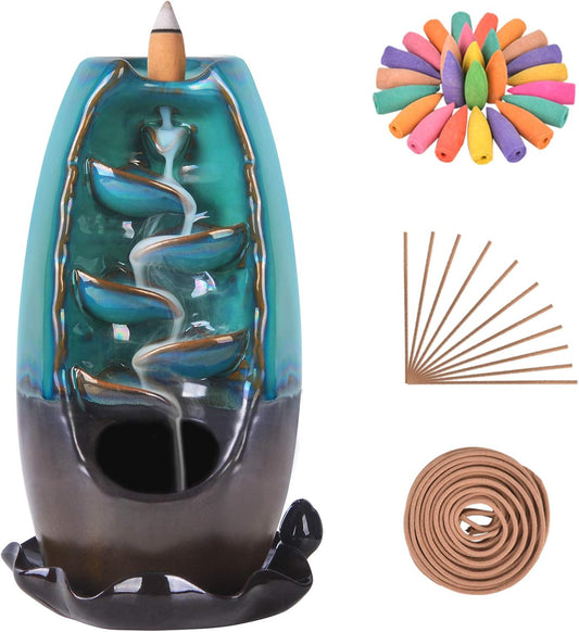 Incense Burner Waterfall Backflow Incense Holder Incense Fountain with 120 Incense Cones & 30 Incense Sticks for Home Office Yoga Aromatcherapy Ornamen