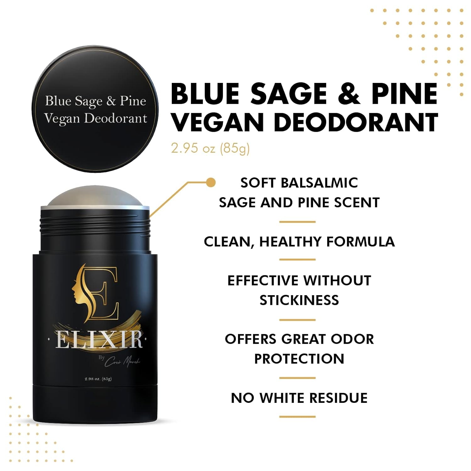 Elixir by Coco March Aluminum Free Vegan Deodorant -Blue Sage & Pine-Gentle Natural Ingredients W/Effective Odor Protection, Essential Oil Scent, Made W/Organic Coconut Oil & Shea Butter-2.98 Oz