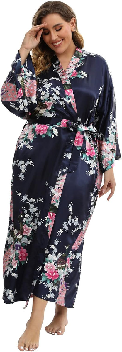 Women'S Floral Long Satin Robes plus Size Long Silk Robes Peacock Floral Kimonos Sleepwear Dressing Gown